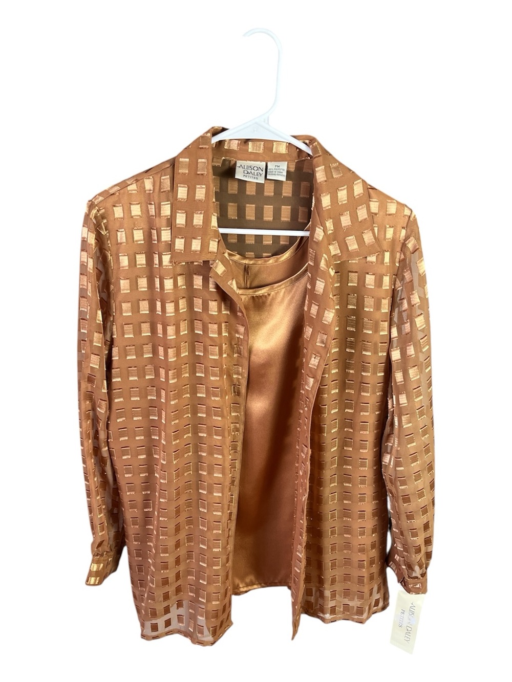 NWT Allison Daley Petites Bronze Gold 2-in-1 Layered Sheer Blouse Top - Size PM